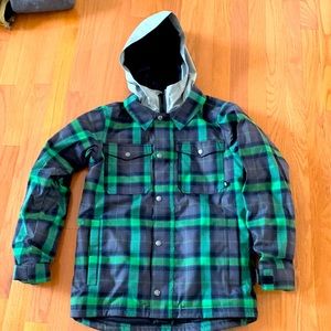 Burton kids M (10-12) green/blue snowboard jacket with grey hood.